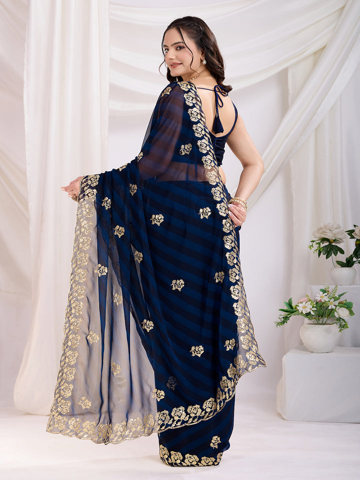 Designer Dark Blue Saree | Printed & Sequance Embroidery Work with Banglori Blouse