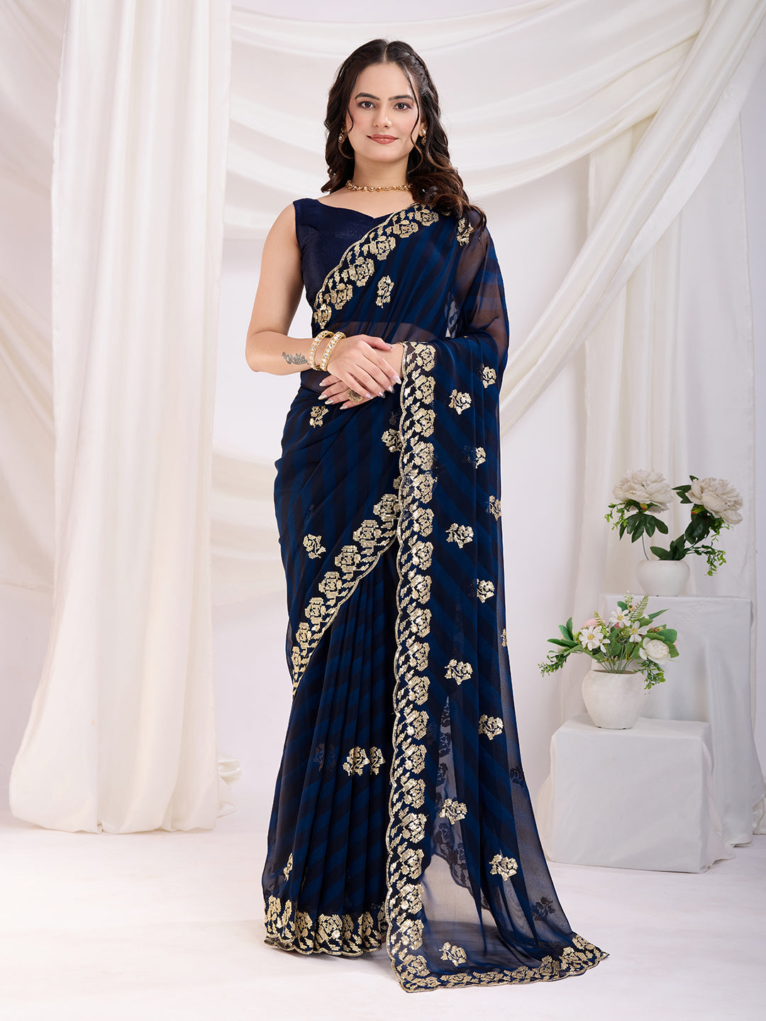 Designer Dark Blue Saree | Printed & Sequance Embroidery Work with Banglori Blouse