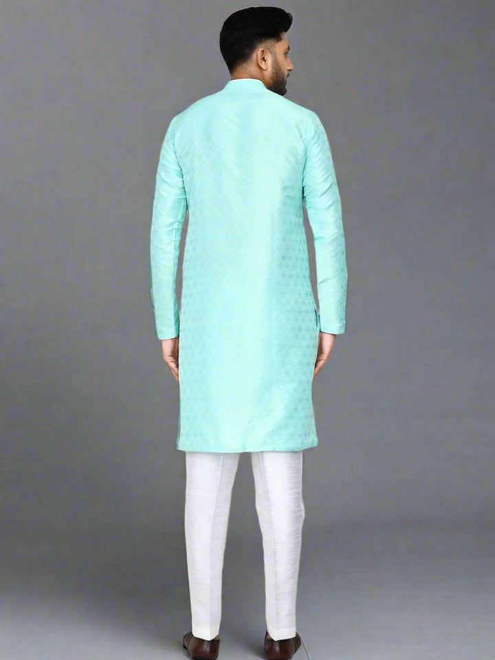 Sea Green Jacquard Silk Kurta | Designer Art Silk Bottom Pant