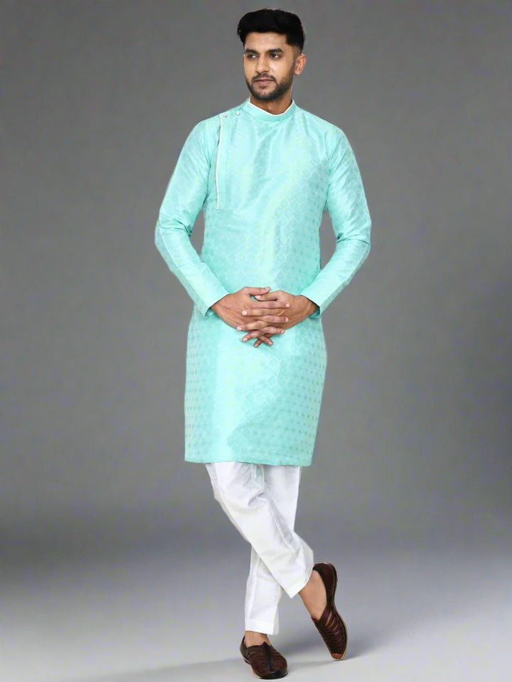 Sea Green Jacquard Silk Kurta | Designer Art Silk Bottom Pant