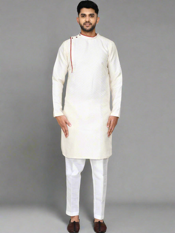 Elegant Cream Jacquard Silk Kurta Set | Wevon Jacquard Work