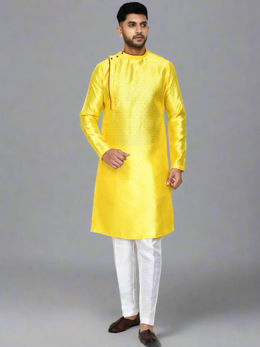 Classic Festive Ready Yellow Silk Kurta | Stylish Jacquard Work Kurta Set