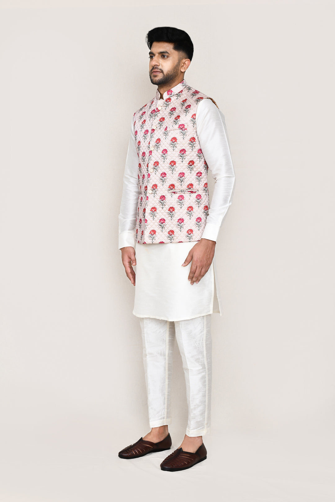 Stunning Festive Wear Jacket | Off White Art Silk with Designer Print