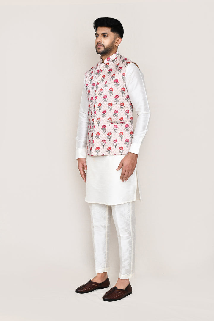 Stunning Festive Wear Jacket | Off White Art Silk with Designer Print