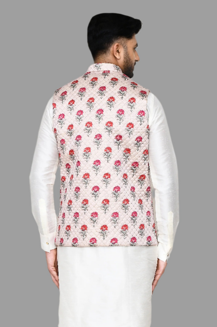 Stunning Festive Wear Jacket | Off White Art Silk with Designer Print