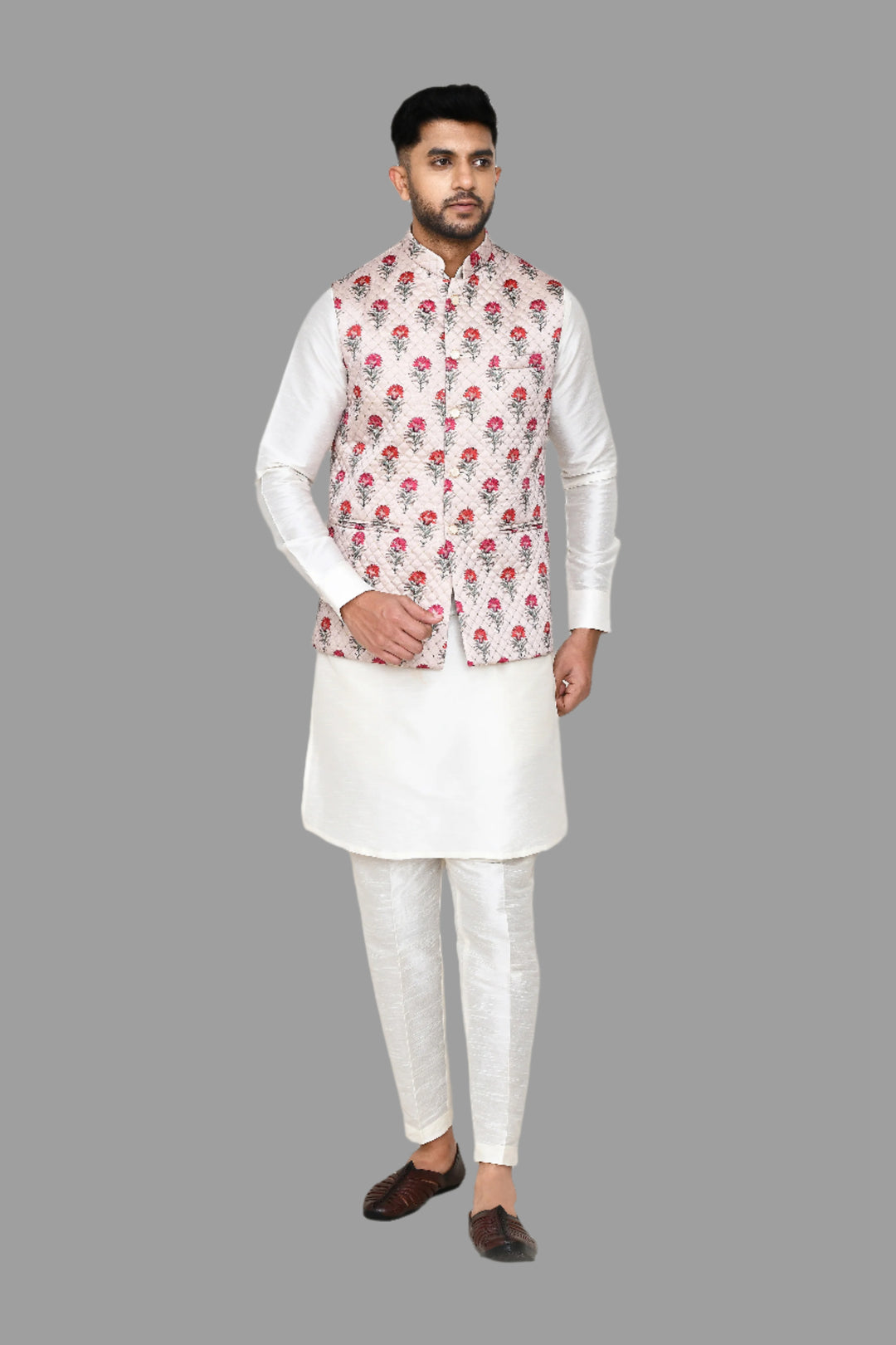 Stunning Festive Wear Jacket | Off White Art Silk with Designer Print