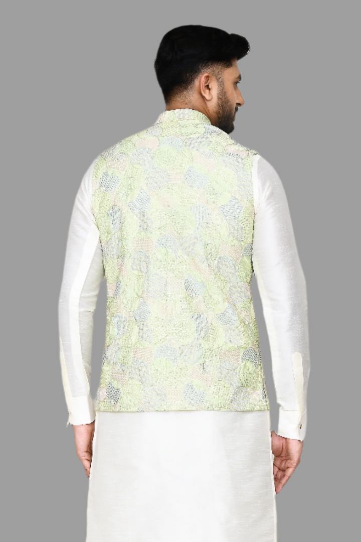 Luxurious Pista Green Art Silk Jacket | Designer Embroidery Work Party Wear