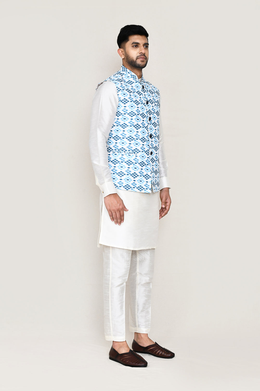 Fashionable Printed Jacket | Sky Blue Cotton  Festive Party Wear