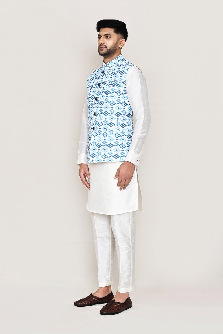 Fashionable Printed Jacket | Sky Blue Cotton  Festive Party Wear