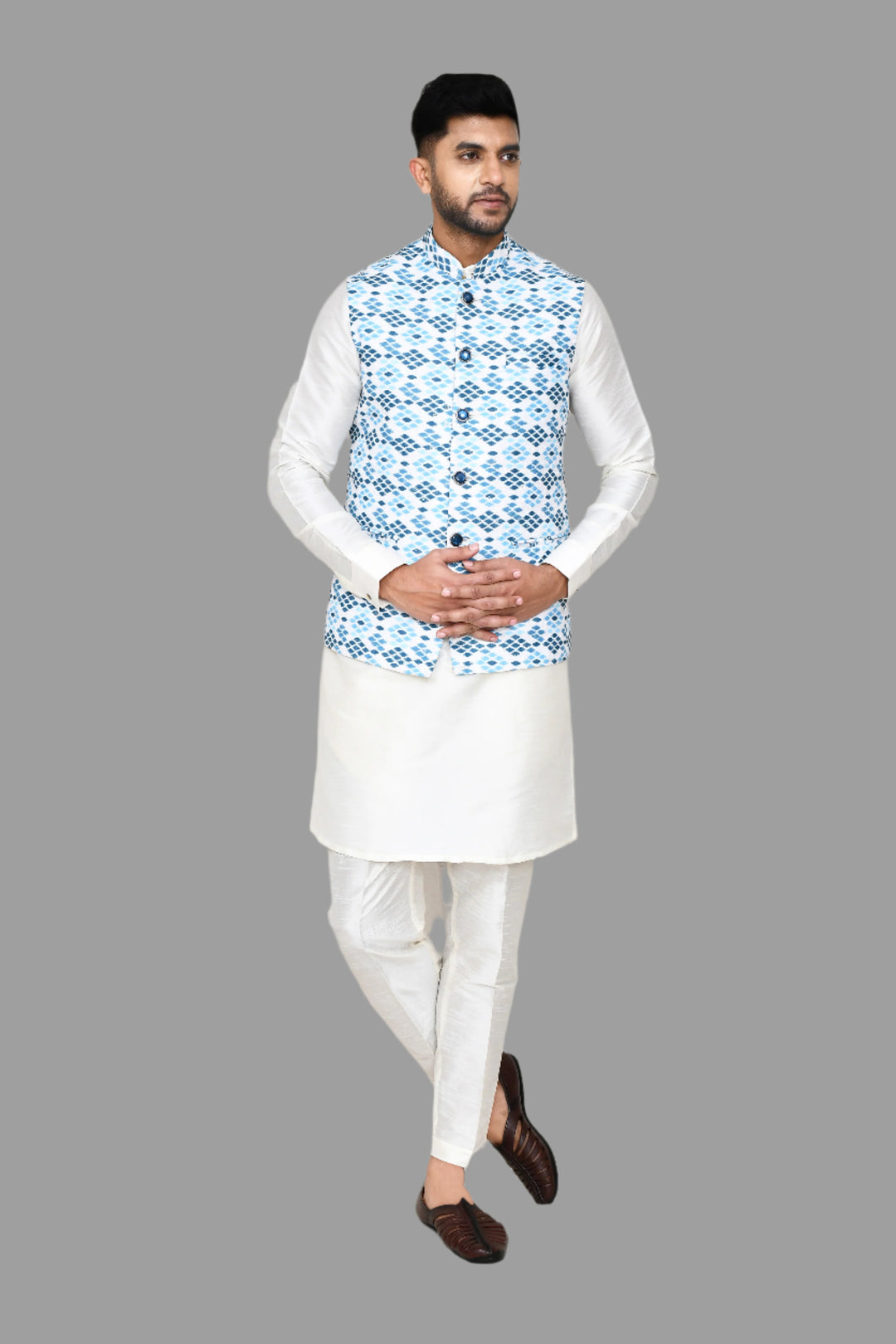 Fashionable Printed Jacket | Sky Blue Cotton  Festive Party Wear