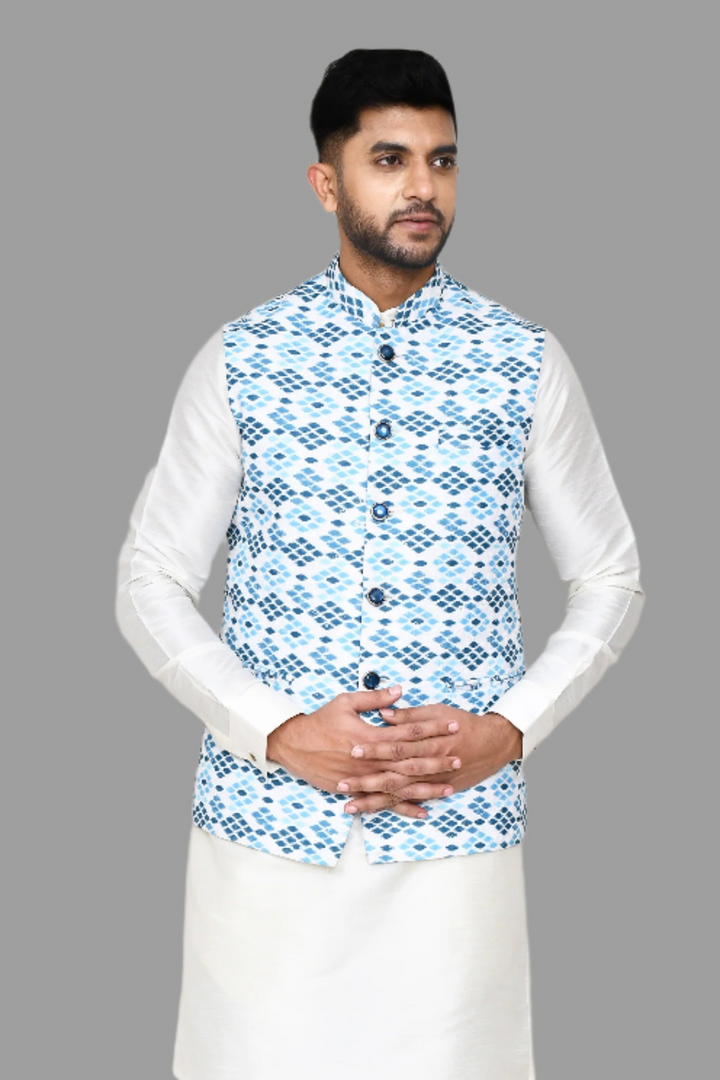 Fashionable Printed Jacket | Sky Blue Cotton  Festive Party Wear