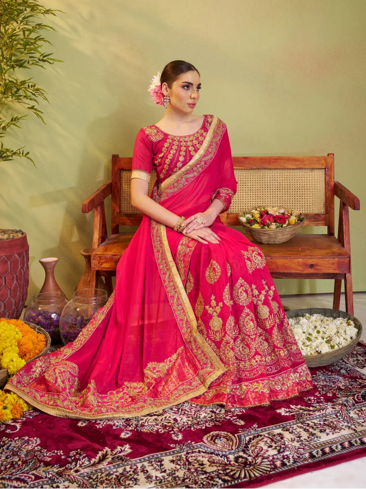 Rani Pink Satin Saree | Barfi Satin & Embroidery Work Elegant Party Wear