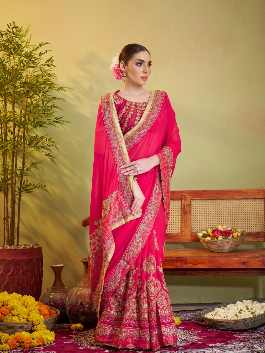 Rani Pink Satin Saree | Barfi Satin & Embroidery Work Elegant Party Wear