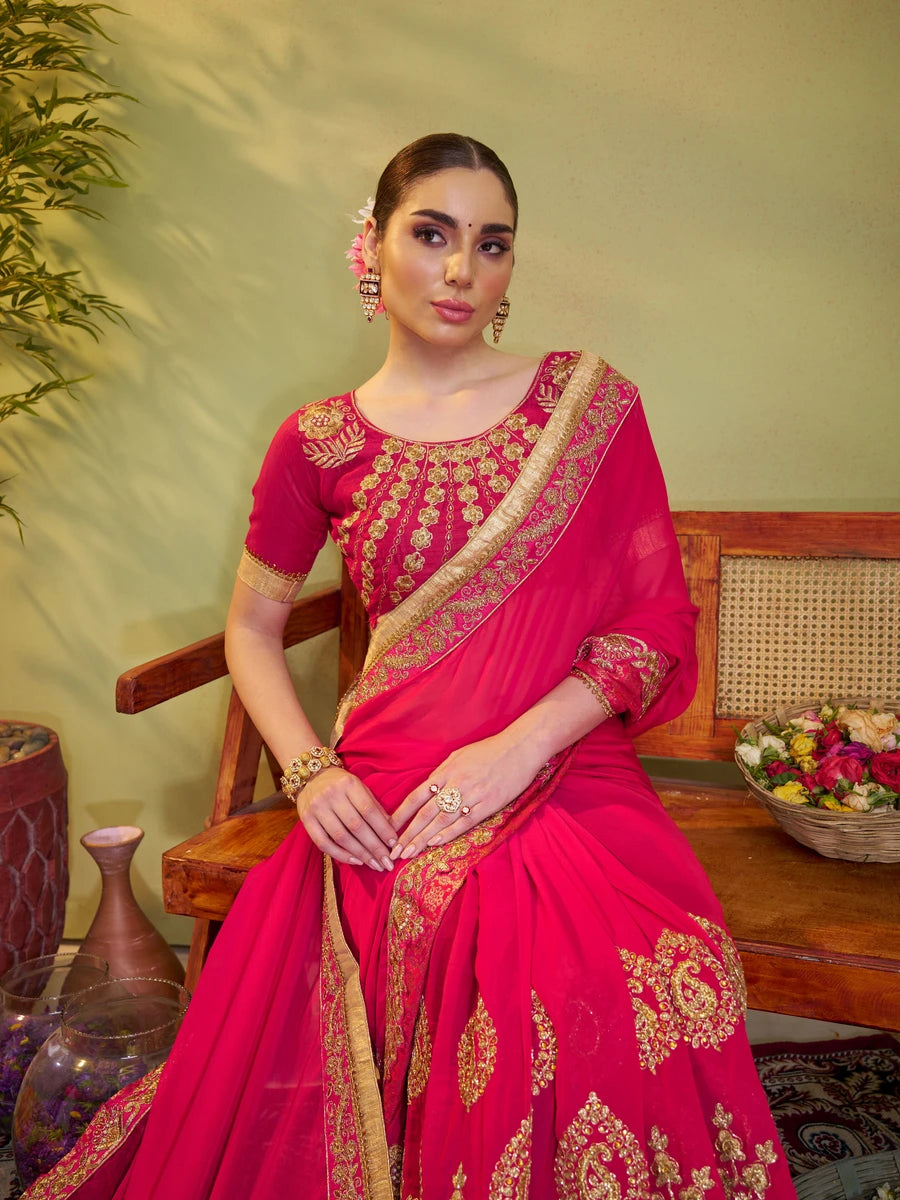 Rani Pink Satin Saree | Barfi Satin & Embroidery Work Elegant Party Wear