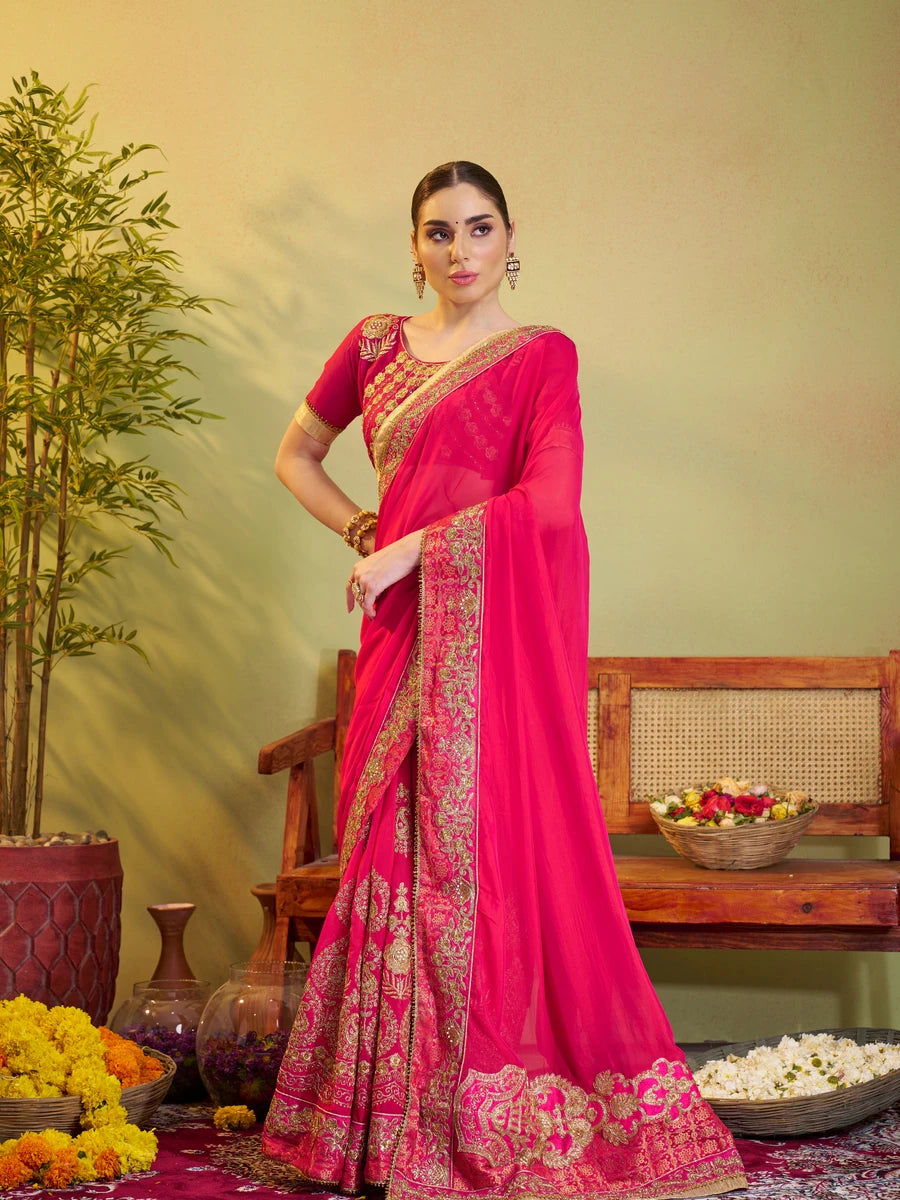 Rani Pink Satin Saree | Barfi Satin & Embroidery Work Elegant Party Wear