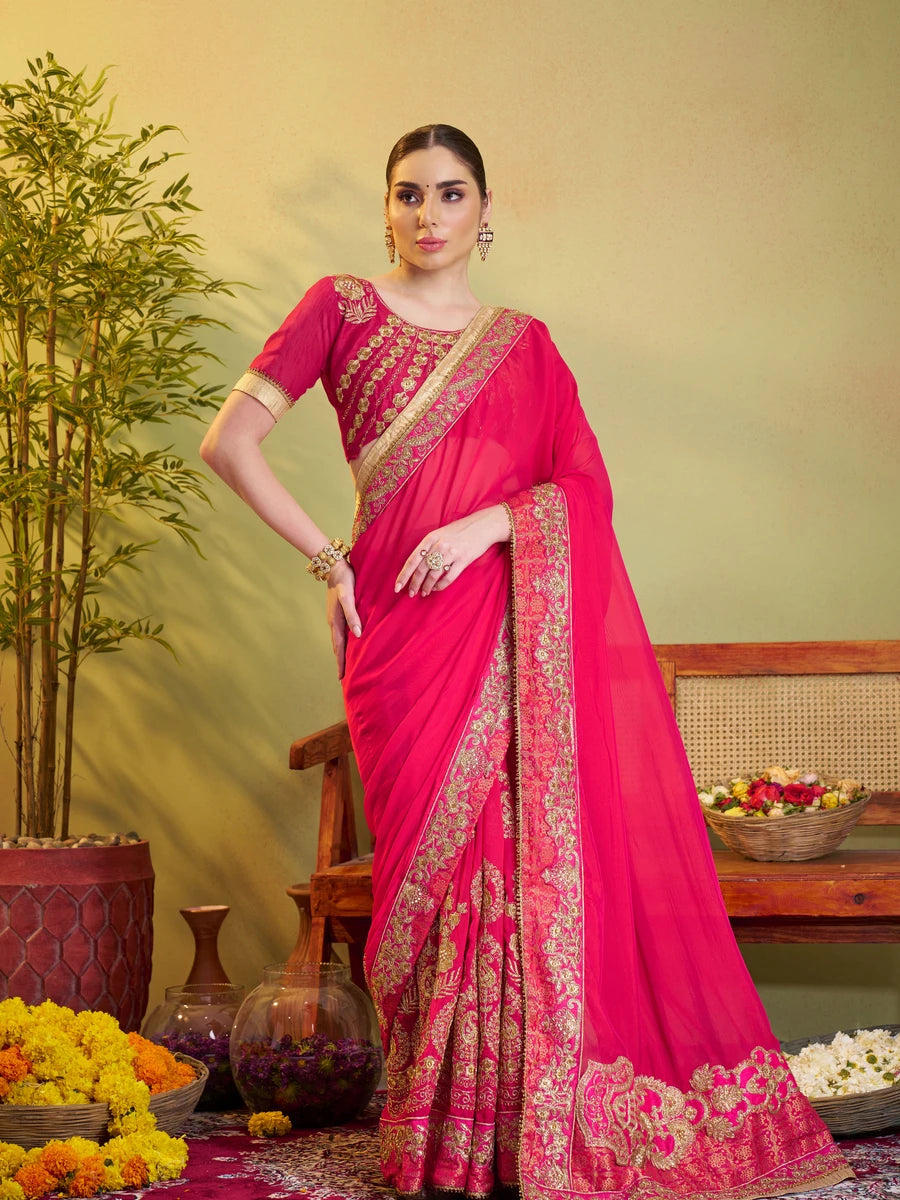 Rani Pink Satin Saree | Barfi Satin & Embroidery Work Elegant Party Wear