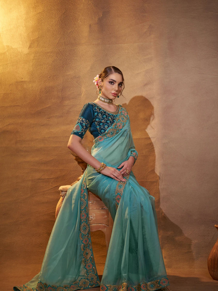 Stylish Sky-Blue Saree Organza Fabric & Art Silk Blouse | Festive Attire