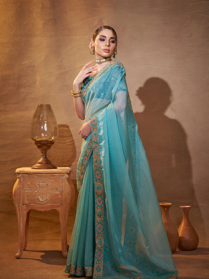 Stylish Sky-Blue Saree Organza Fabric & Art Silk Blouse | Festive Attire