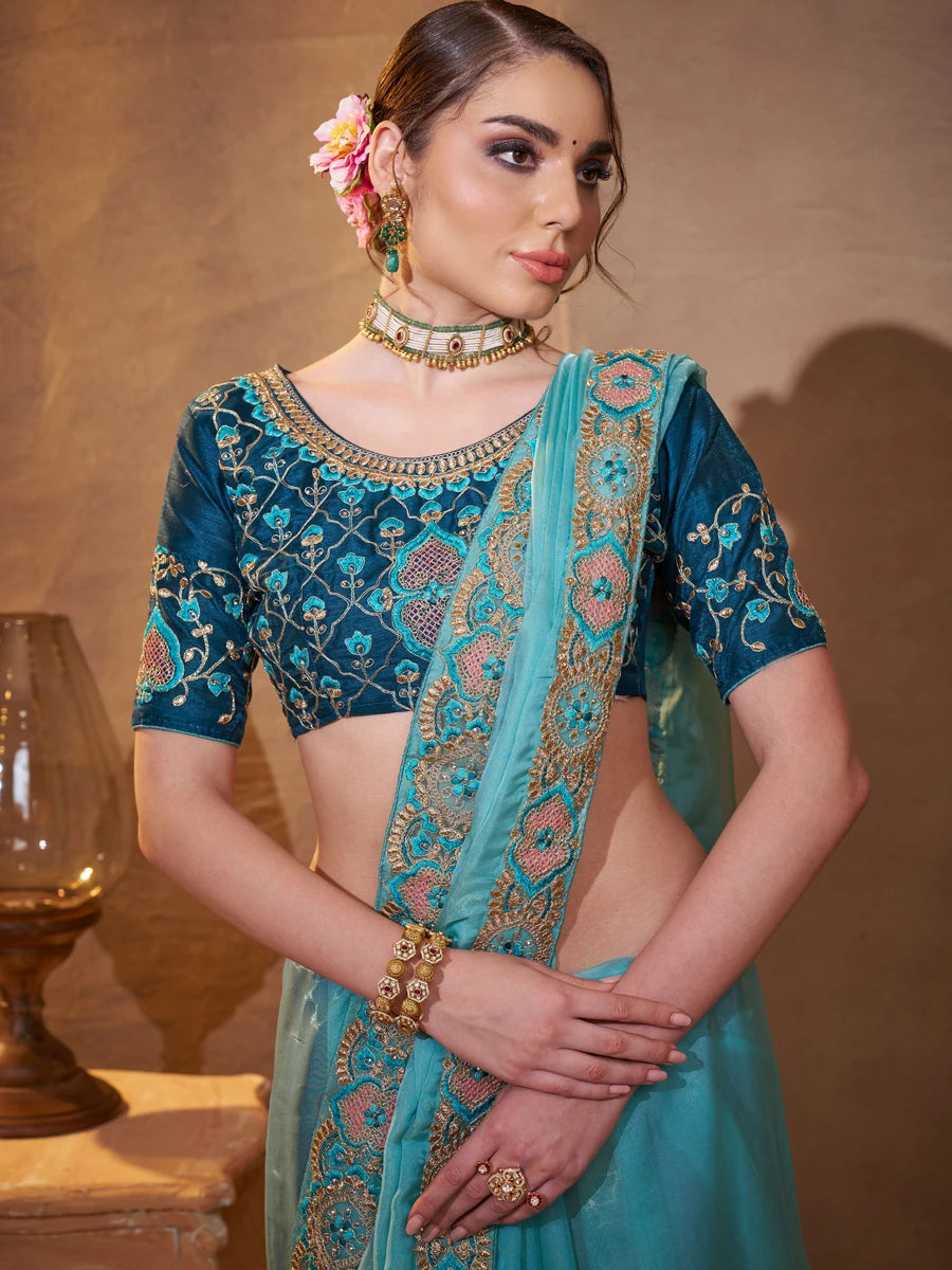 Stylish Sky-Blue Saree Organza Fabric & Art Silk Blouse | Festive Attire