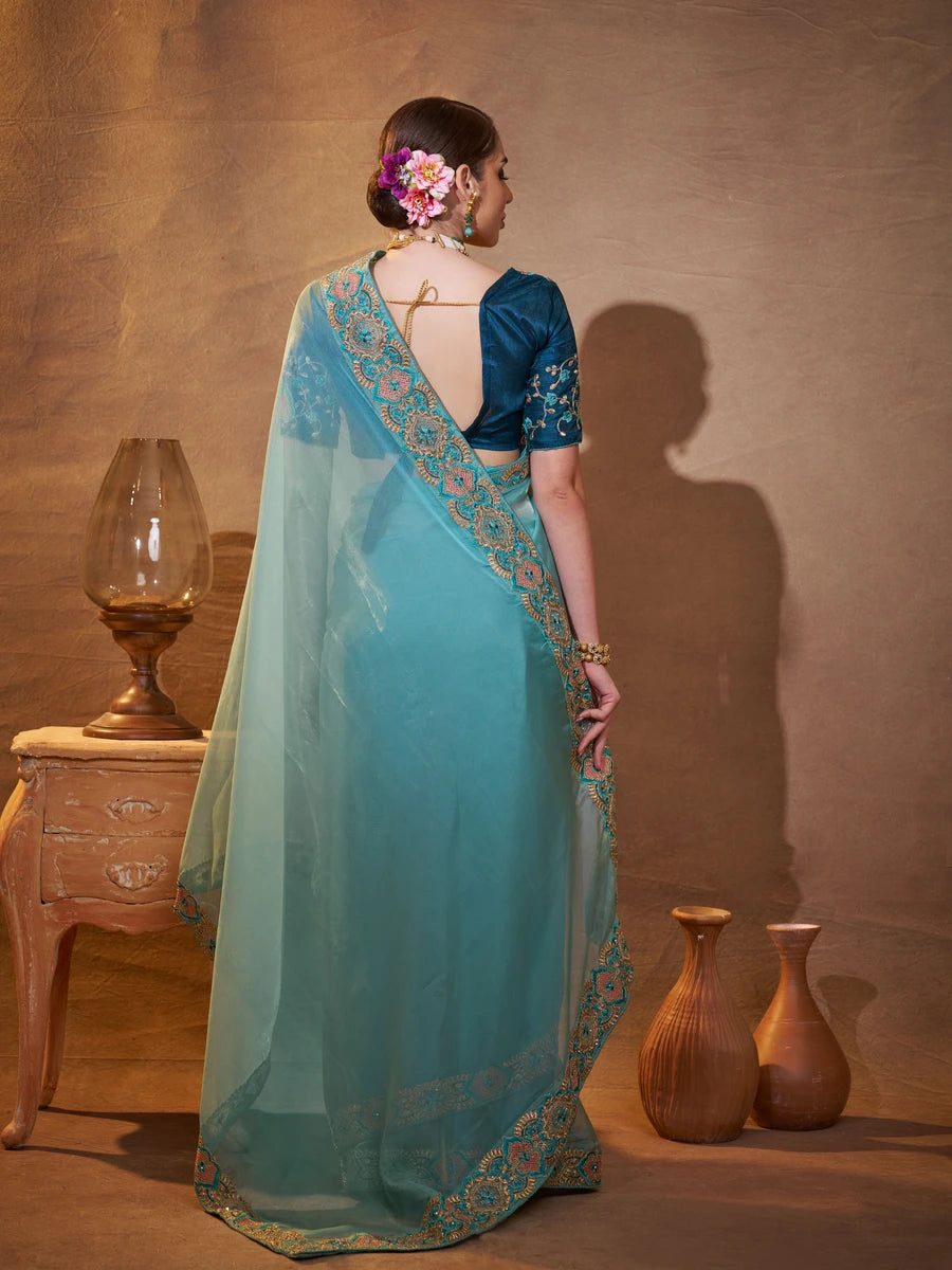 Stylish Sky-Blue Saree Organza Fabric & Art Silk Blouse | Festive Attire