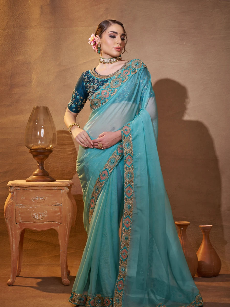 Stylish Sky-Blue Saree Organza Fabric & Art Silk Blouse | Festive Attire