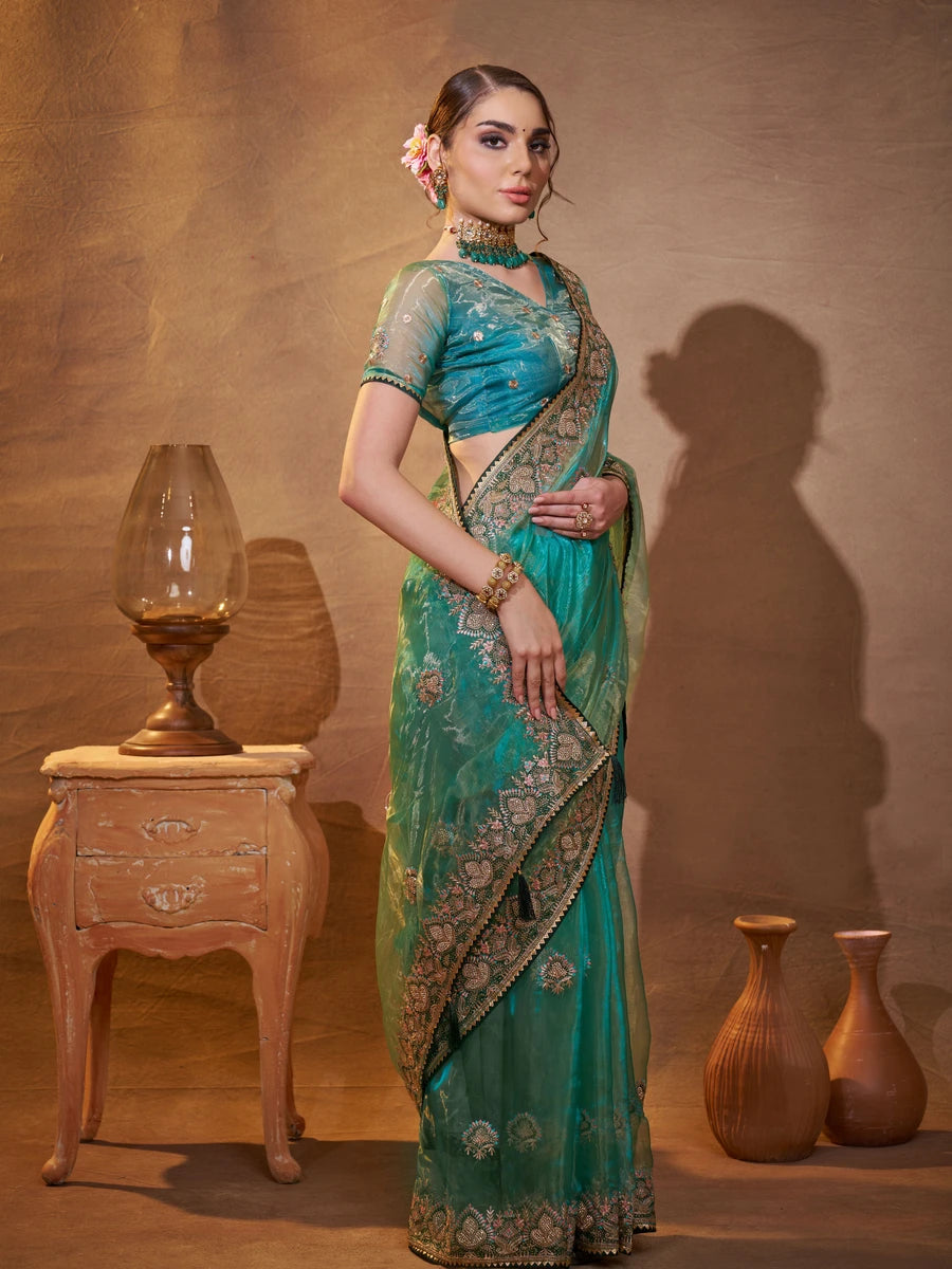 Sea Green Embroidered Saree Organza Fabric | Perfect for Special Occasions