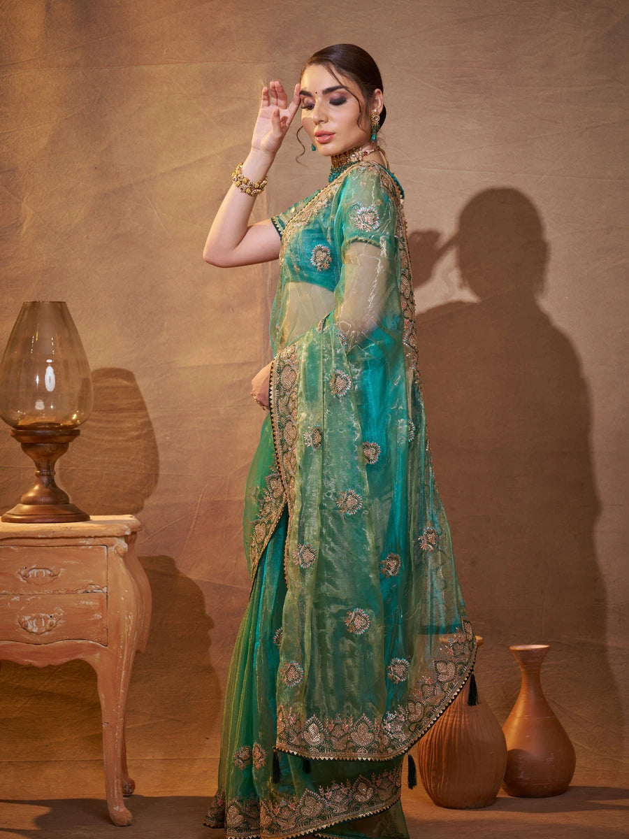 Sea Green Embroidered Saree Organza Fabric | Perfect for Special Occasions