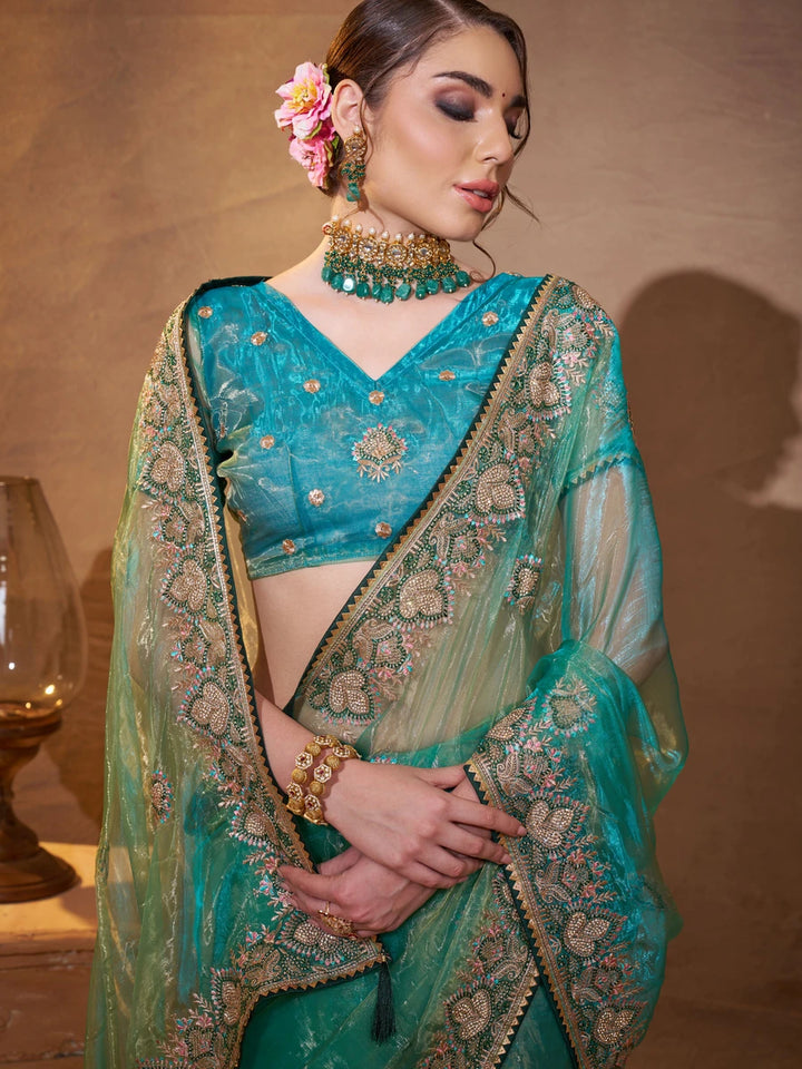 Sea Green Embroidered Saree Organza Fabric | Perfect for Special Occasions