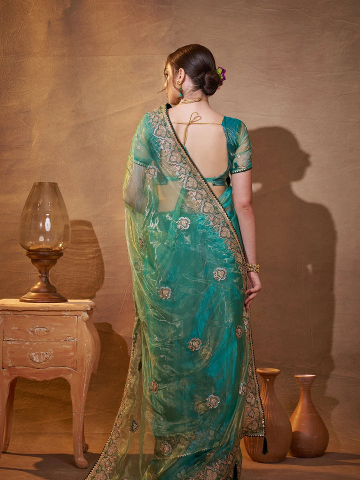 Sea Green Embroidered Saree Organza Fabric | Perfect for Special Occasions