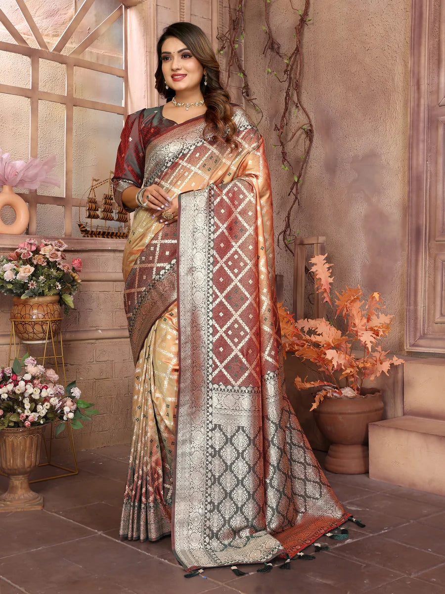 Classic  Wedding Silk Saree | Wevon Jari Checks Blouse Set