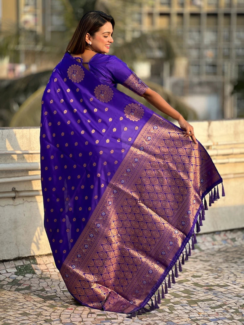 Timeless  Moonga Silk Saree | Dual Jari Peacock Weaving Designer Drape