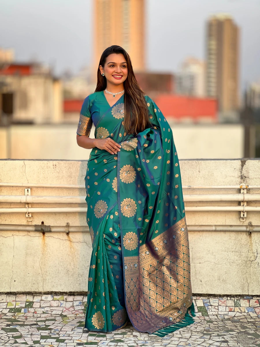 Timeless  Moonga Silk Saree | Dual Jari Peacock Weaving Designer Drape