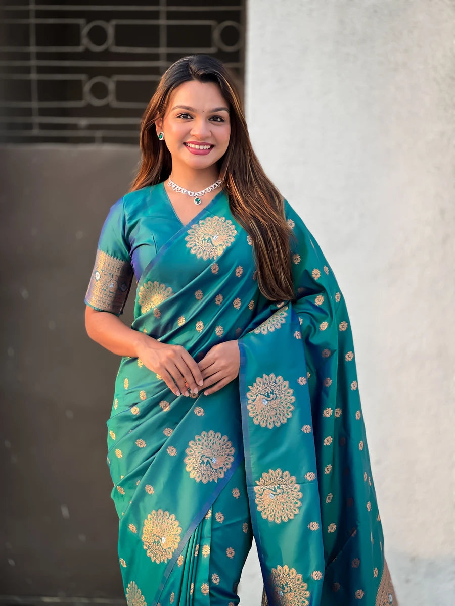 Timeless  Moonga Silk Saree | Dual Jari Peacock Weaving Designer Drape