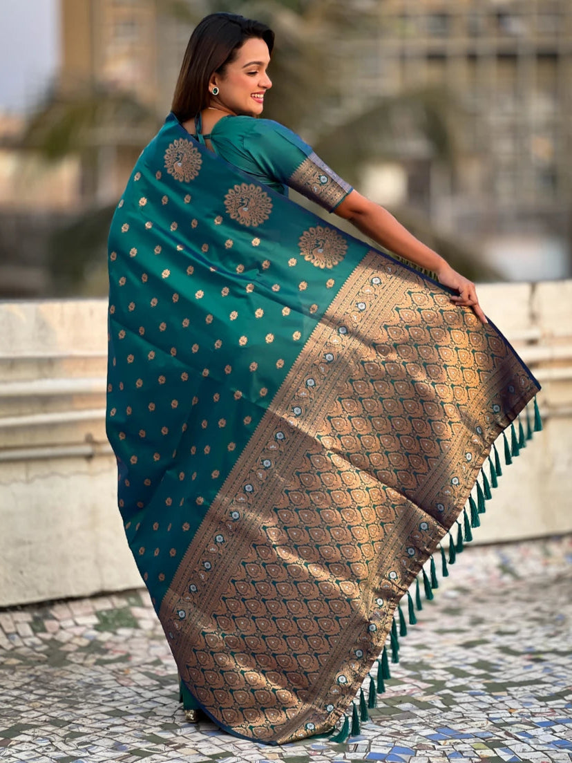 Timeless  Moonga Silk Saree | Dual Jari Peacock Weaving Designer Drape