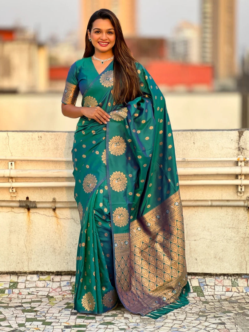 Timeless  Moonga Silk Saree | Dual Jari Peacock Weaving Designer Drape