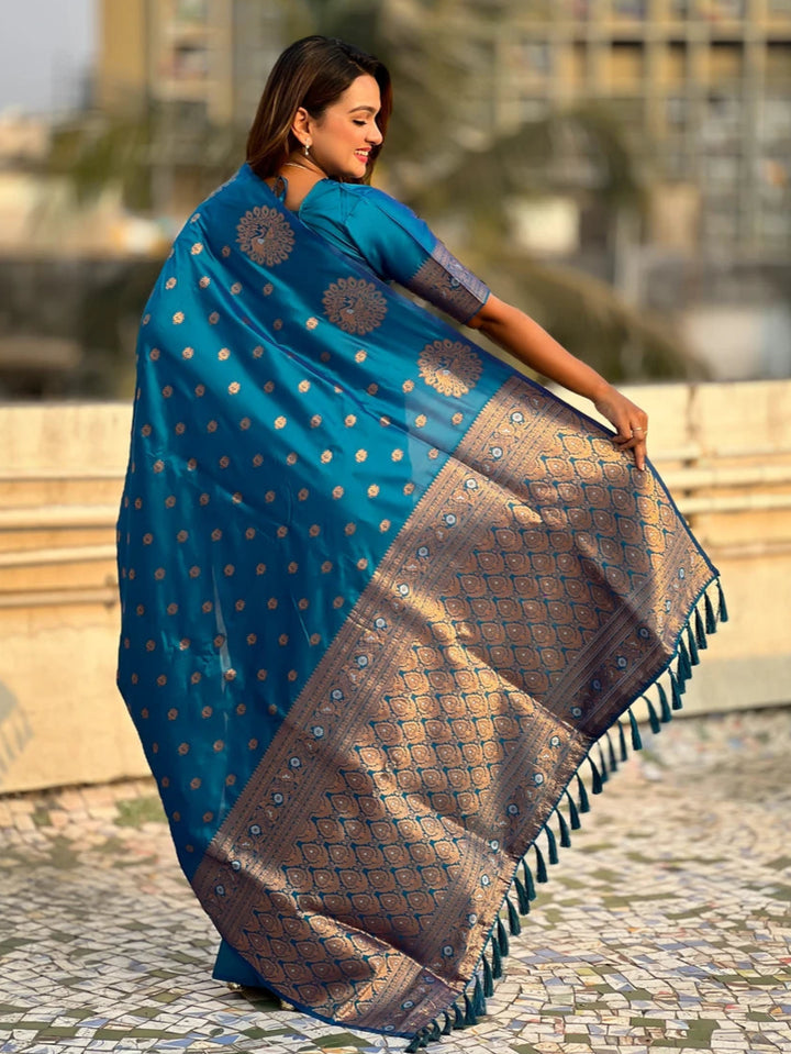 Timeless  Moonga Silk Saree | Dual Jari Peacock Weaving Designer Drape