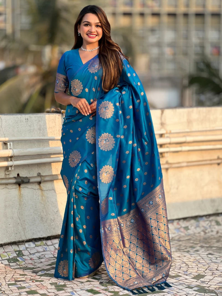 Timeless  Moonga Silk Saree | Dual Jari Peacock Weaving Designer Drape