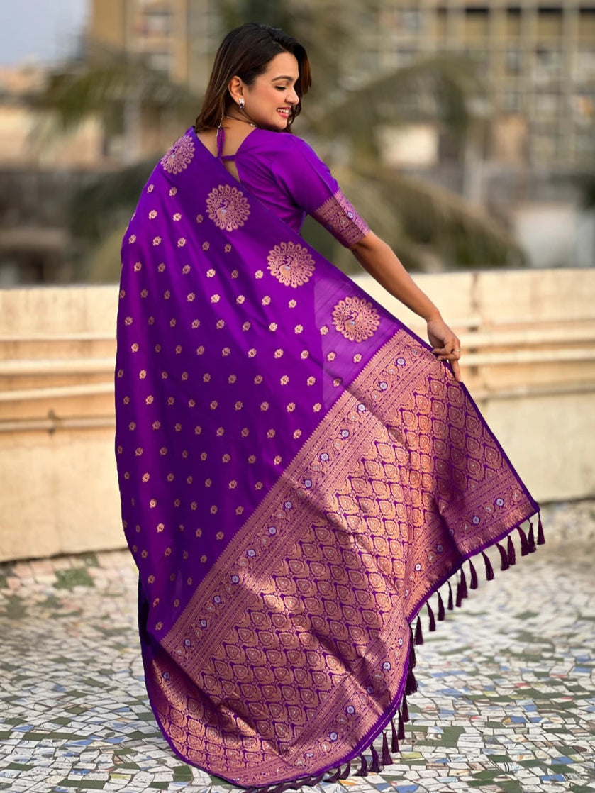 Timeless  Moonga Silk Saree | Dual Jari Peacock Weaving Designer Drape