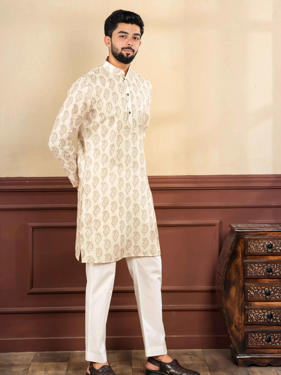 Traditional Cream Kurta Pajama | Digital Print  Premium Linen Fabric