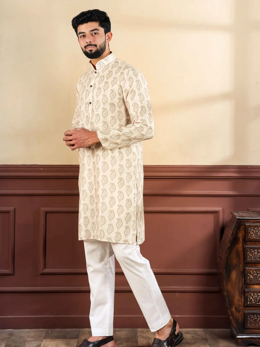 Traditional Cream Kurta Pajama | Digital Print  Premium Linen Fabric