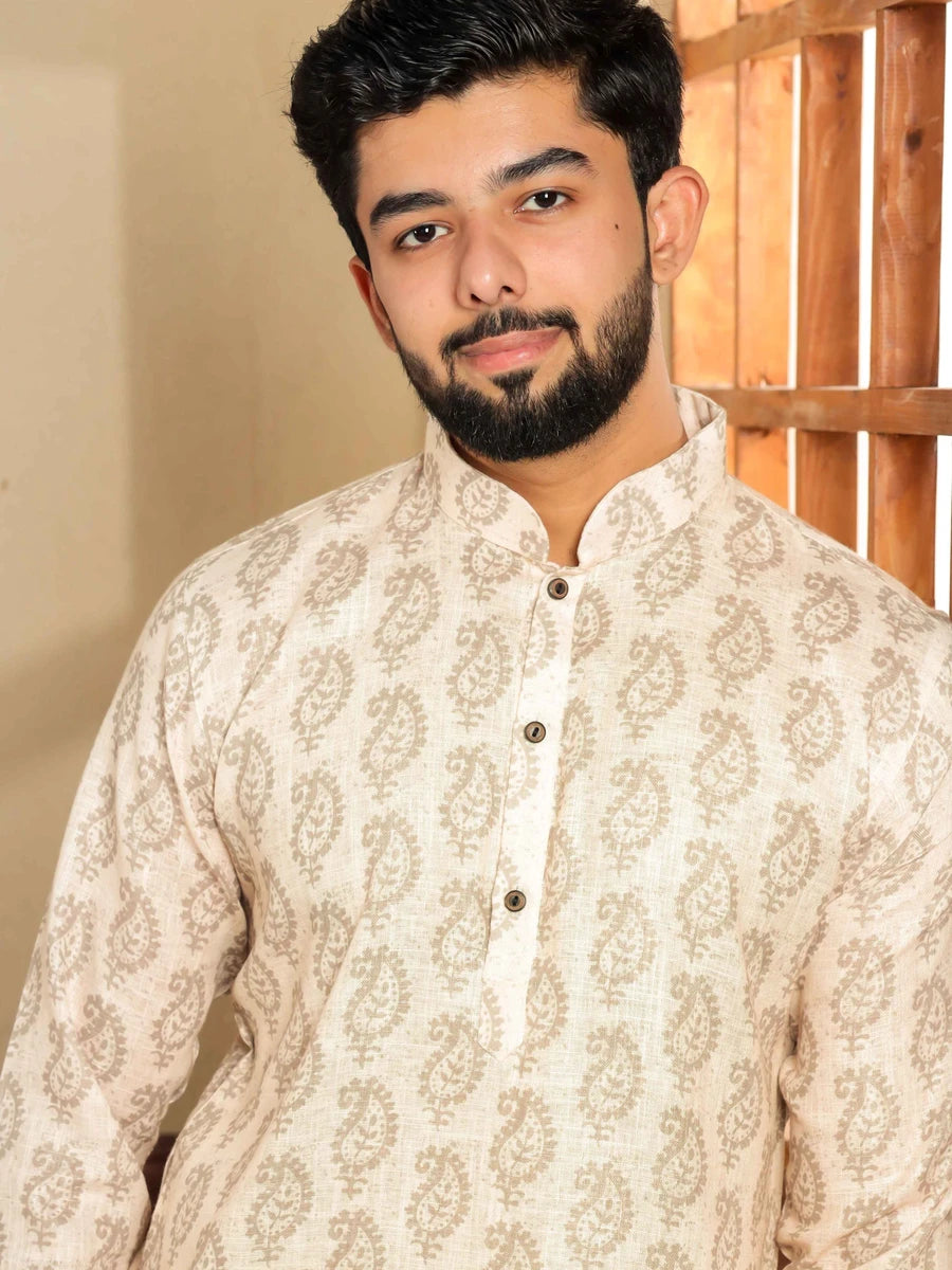 Traditional Cream Kurta Pajama | Digital Print  Premium Linen Fabric