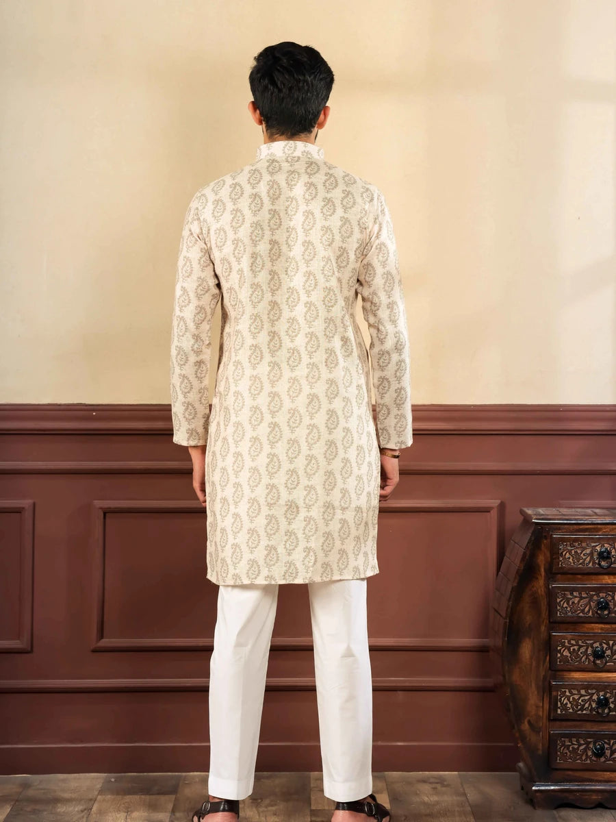 Traditional Cream Kurta Pajama | Digital Print  Premium Linen Fabric