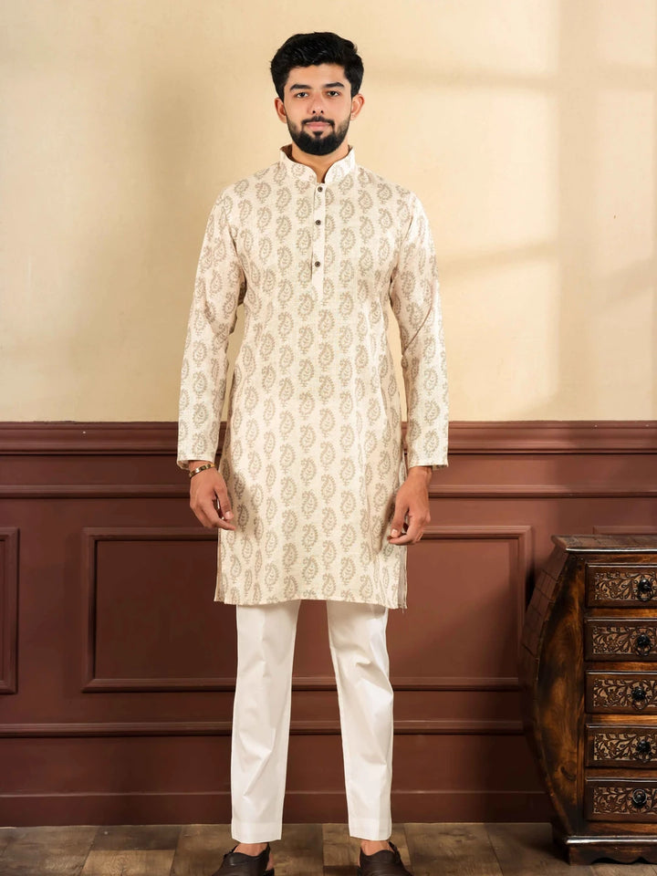 Traditional Cream Kurta Pajama | Digital Print  Premium Linen Fabric