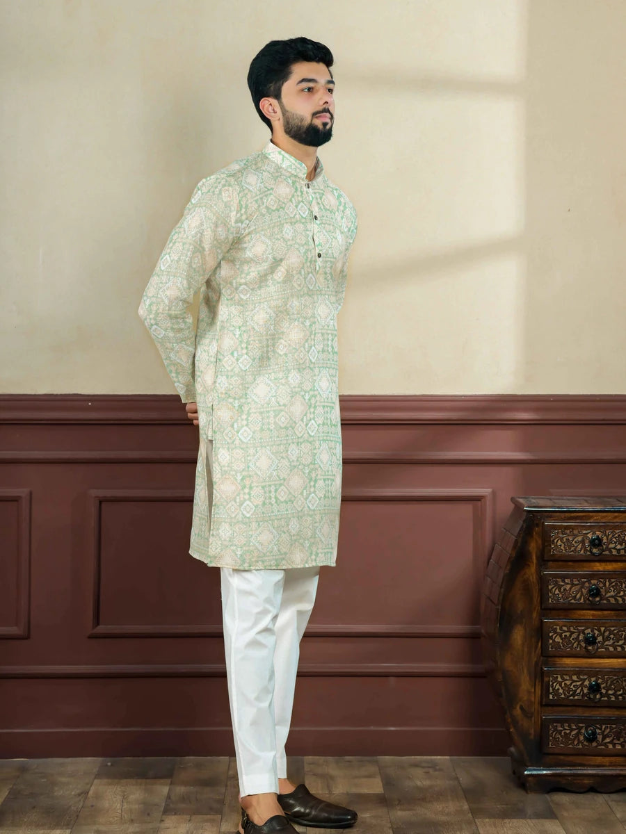 Trendy Linen Kurta Pajama | Pista Green with Digital Print Work