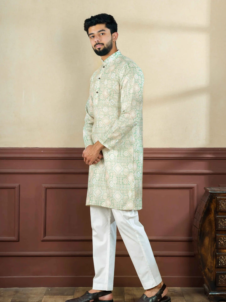 Trendy Linen Kurta Pajama | Pista Green with Digital Print Work