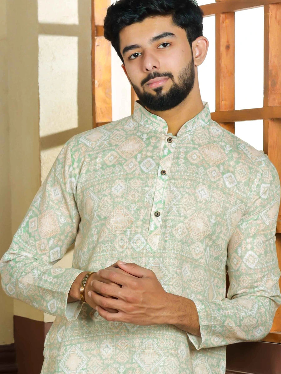 Trendy Linen Kurta Pajama | Pista Green with Digital Print Work