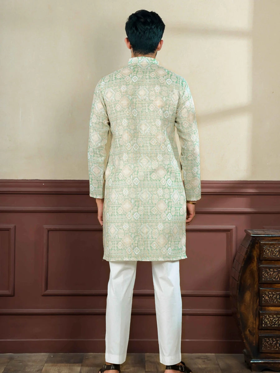 Trendy Linen Kurta Pajama | Pista Green with Digital Print Work