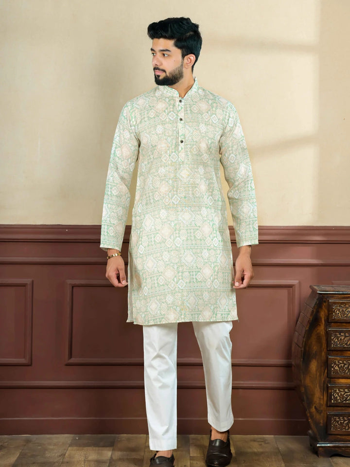 Trendy Linen Kurta Pajama | Pista Green with Digital Print Work