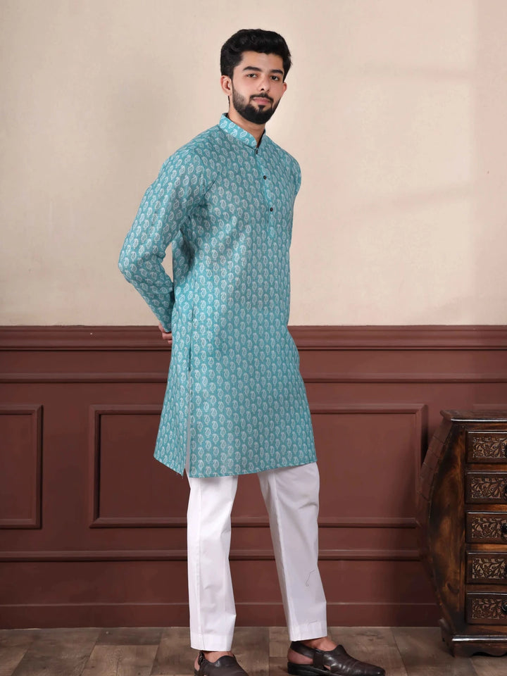 Fashionable Aqua Kurta Set | Linen Fabric & Digital Print Detailing