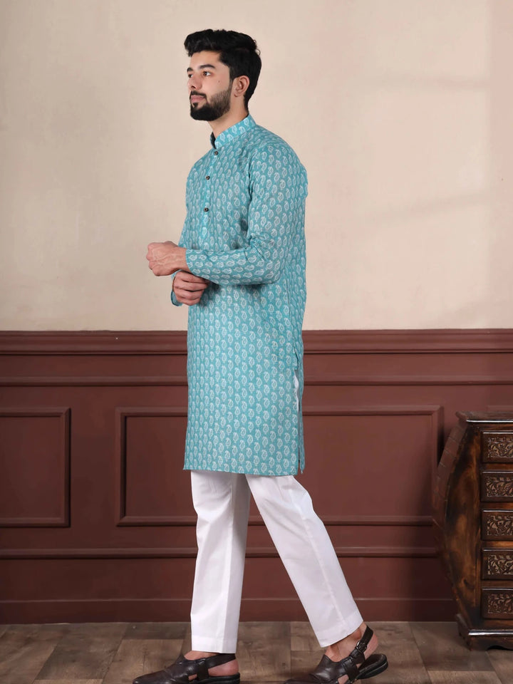 Fashionable Aqua Kurta Set | Linen Fabric & Digital Print Detailing